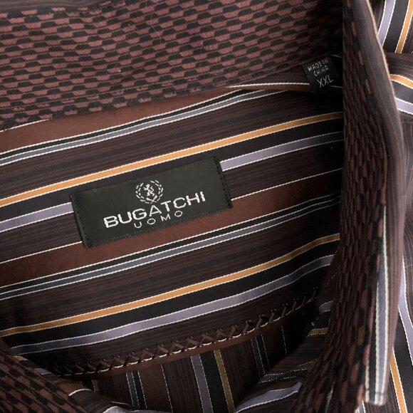 Bugatchi Uomo Button Up Long Sleeve Shirt XXL Brown Striped Flip Cuff Pocket - Picture 7 of 7